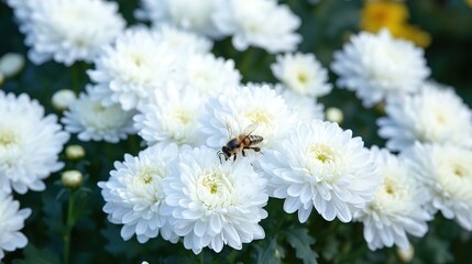 Autumn Garden Delights: A Bee Engaged in Nectar Collection from White Chrysanthemum Flowers