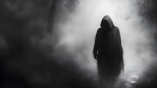 Mysterious hooded figure in a darkened setting