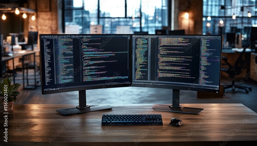 Poster dual monitors displaying code in a modern office.