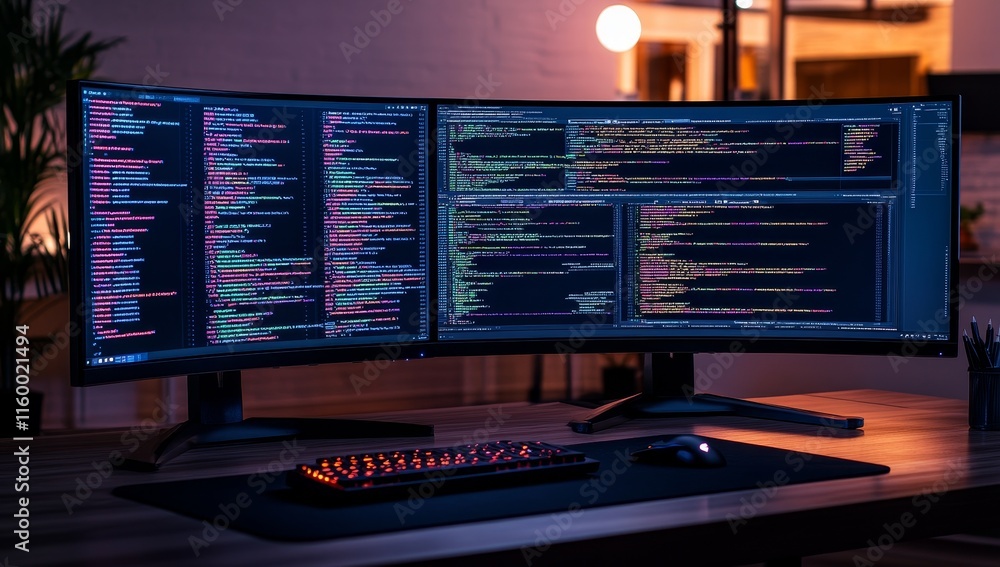 Fototapete Two curved monitors displaying code at a programmer's desk.