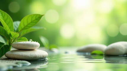 Serene Spa Setting Tranquil Water, Balanced Stones, and Lush Greenery Reflecting Peace and Harmony