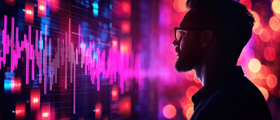 Business corporation competition. A person observing a colorful sound wave display in a dimly lit environment.