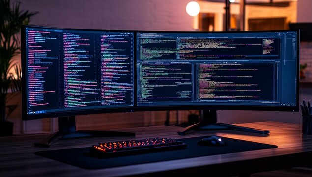 Two curved monitors displaying code at a programmer's desk.