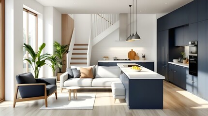 Modern Open-Plan Living Space with Integrated Kitchen Island and Scandinavian Style Decor