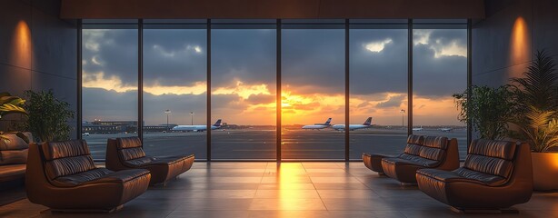 view of an airport runway from inside the terminal, with planes 
