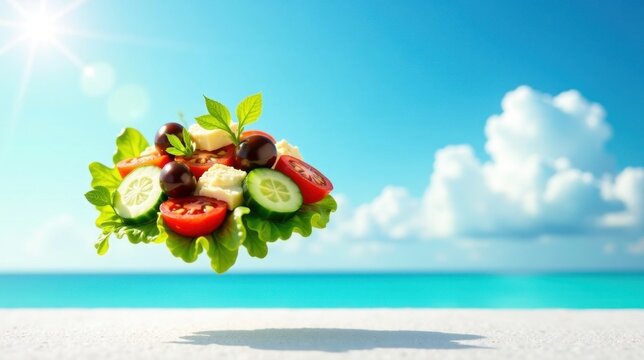 A vibrant summer salad floats effortlessly above a pristine beach, bathed in sunlight and a gentle sea breeze, a refreshing and healthy culinary delight