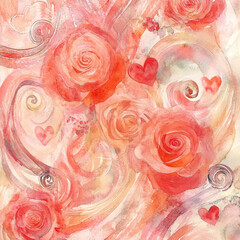 a romantic watercolor wash with a Valentine motif, swirling soft pastels of rose pink, coral, and ivory, lightly sketched roses and vines interwoven