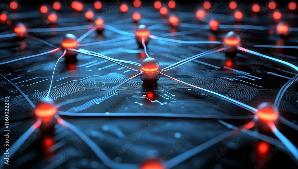 Poster Network nodes interconnected on circuit board.