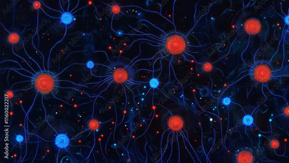 Poster Abstract neural network, glowing nodes and connections.