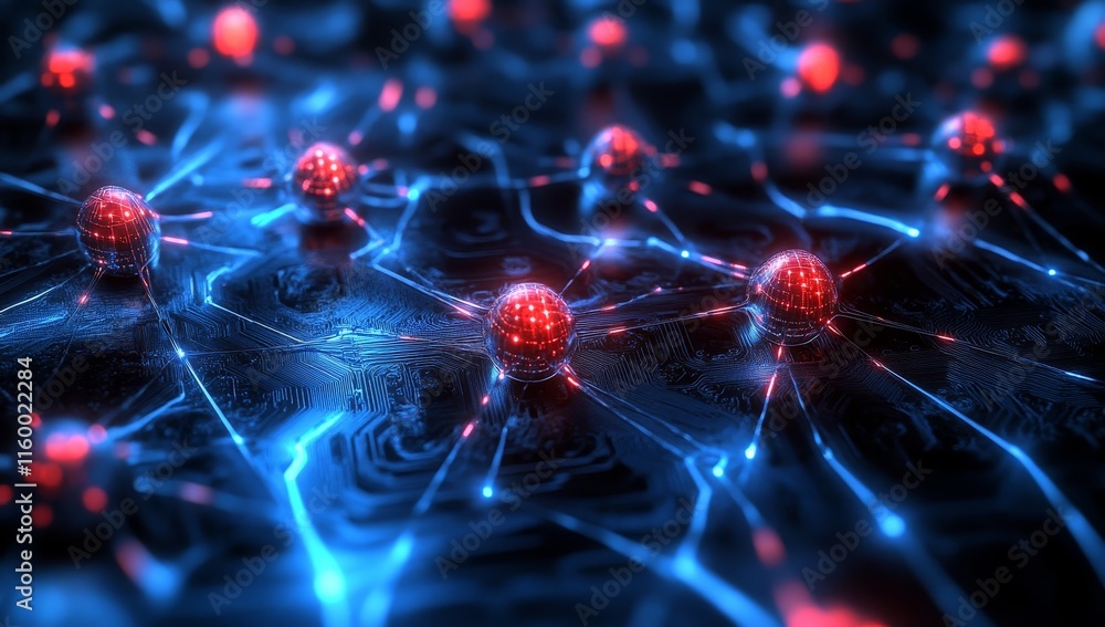 Poster abstract network of glowing red spheres connected by blue lines.
