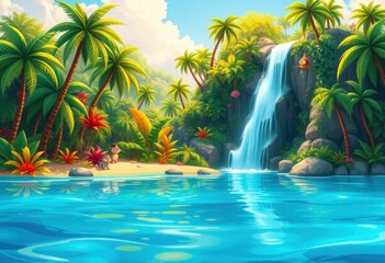 A magical cartoon tropical island with a lush jungle, colorful exotic plants, and a sparkling waterfall cascading into a clear blue lagoon. Coconut trees line the shore, while small, friendly cartoon 