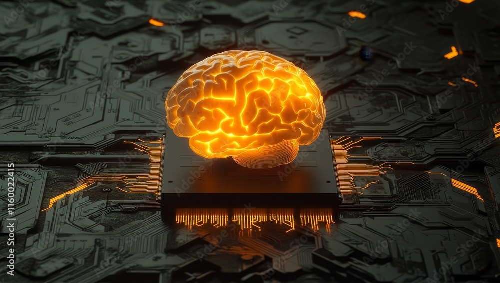 Aufkleber glowing brain on a microchip, ai concept.