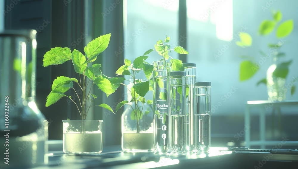 Poster Plants in test tubes and flasks on a lab bench.