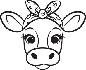 A cow's face, adorned with a patterned bandana tied into a bow on its head 