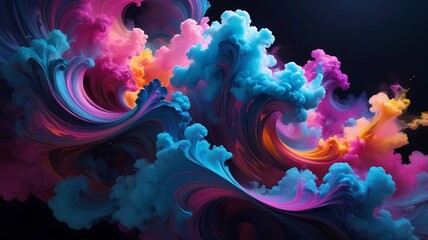 Bright, colorful swirling clouds gather, against a backdrop of dark gradients that range from indigo to blue