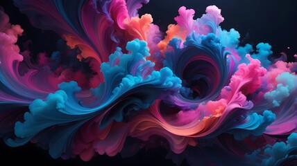 Bright, colorful swirling clouds gather, against a backdrop of dark gradients that range from indigo to blue