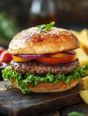 Juicy Gourmet Beef Burger with Fresh Lettuce Tomato and Onion on a Sesame Bun : Generative AI
