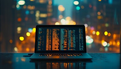 Night city lights blurred background, laptop with code on screen.