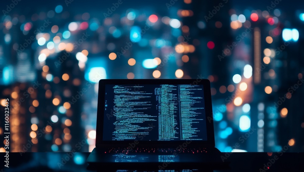 Aufkleber Night cityscape bokeh with laptop displaying code.