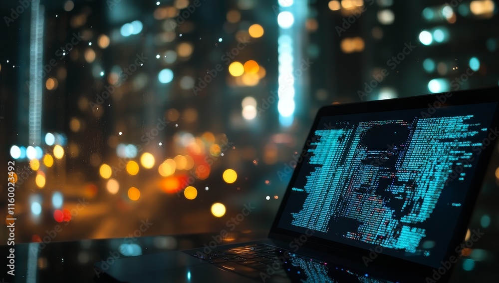 Poster night city bokeh lights reflected on laptop screen displaying code.