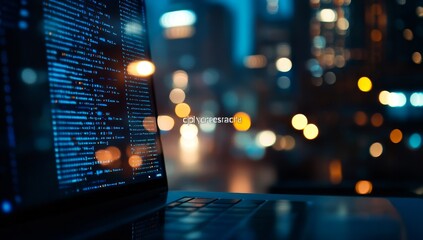 Fototapeta premium Night city bokeh lights blurred background, laptop screen displaying code.