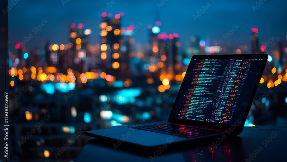 Aufkleber night city lights blurred background, laptop screen displays programming code.