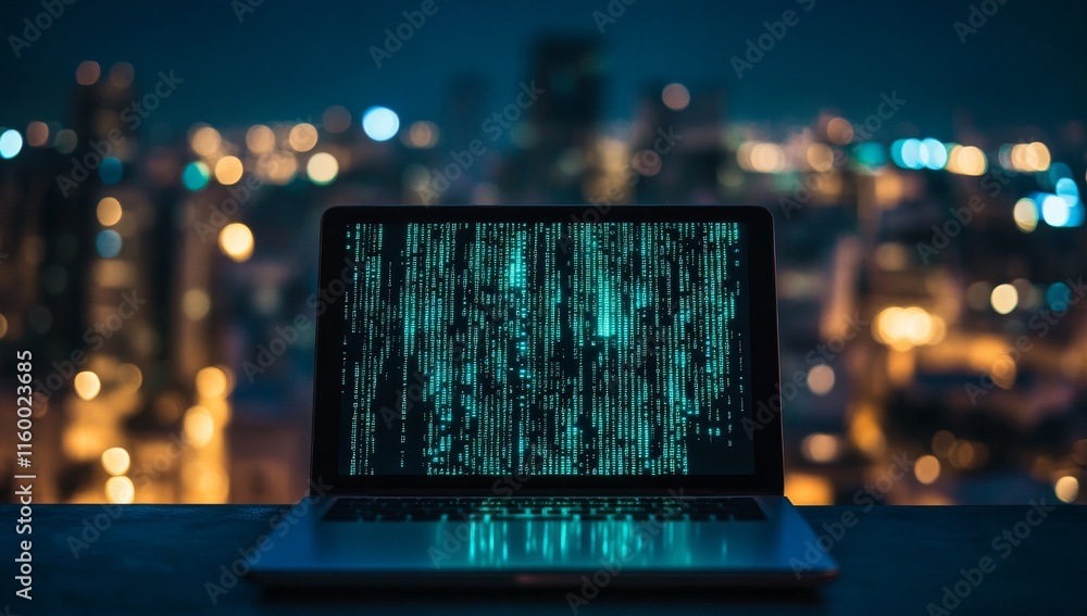 Poster night city skyline blurred background with laptop displaying scrolling code.
