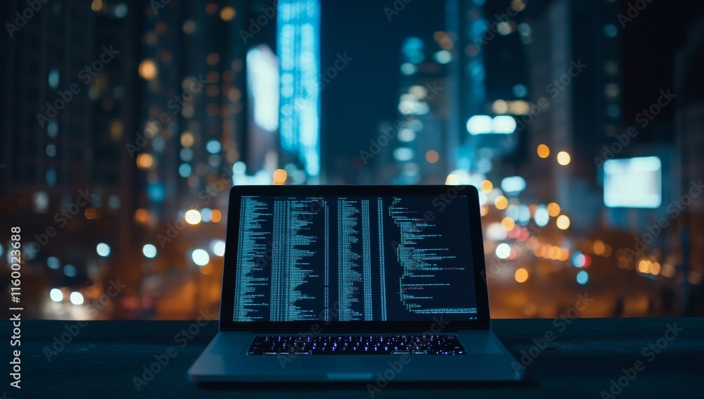 Aufkleber night city bokeh background with laptop displaying code. (2)