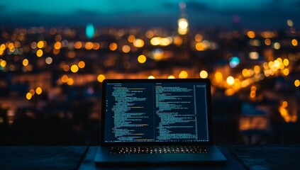 Night city lights blurred background, laptop screen displaying code.