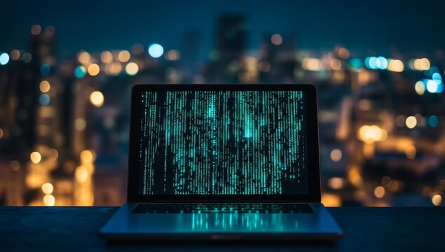 Night city skyline blurred background with laptop displaying scrolling code.