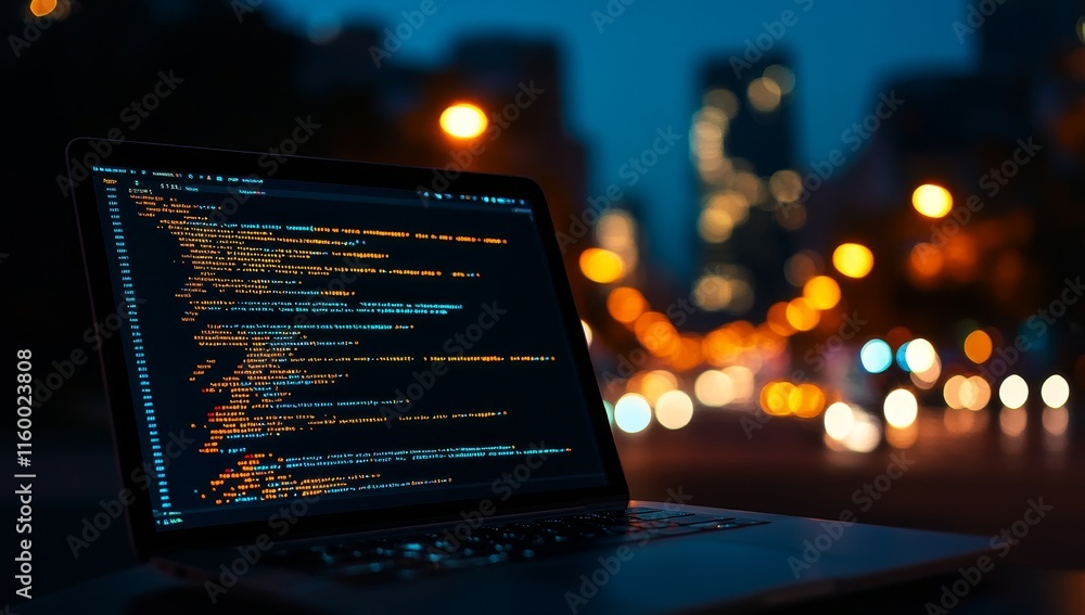 Aufkleber night city bokeh lights blur behind laptop screen showing code.