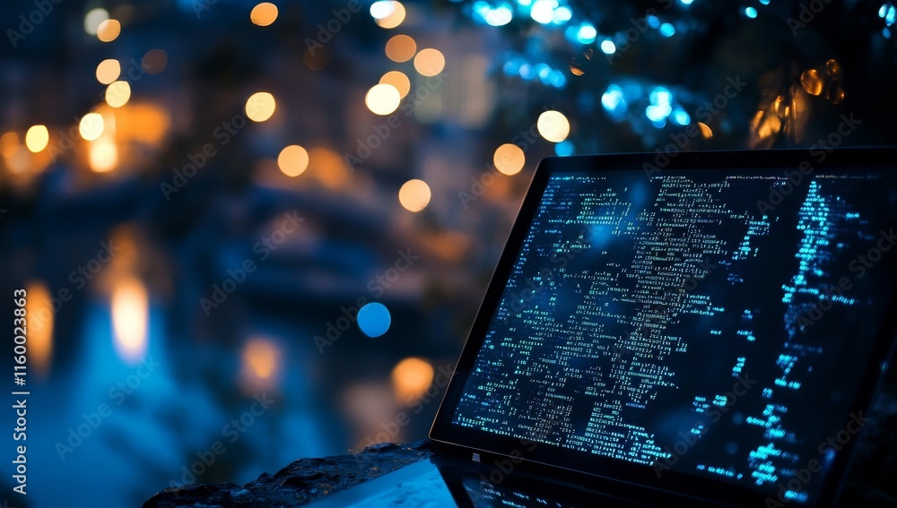 Poster night scene of laptop displaying code.