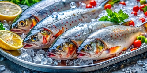 Fresh Fish on Ice: Action Shot of glistening, chilled seafood displayed on a tray.  High-resolution image, vibrant colors.