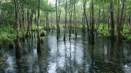 Fototapeta premium Tranquil swamp with calm water reflecting trees.
