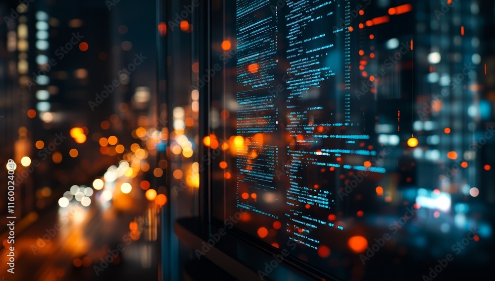 Poster night city lights blurred behind a screen displaying code.