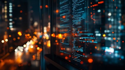 Night city lights blurred behind a screen displaying code.