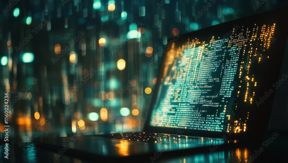 Poster laptop displaying code at night.