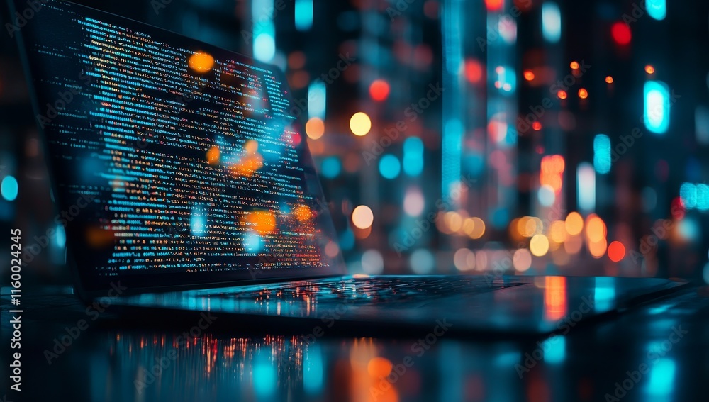 Aufkleber laptop displaying code against a blurred city lights backdrop.