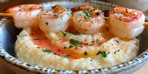 Obraz premium Shrimp skewers with rice.