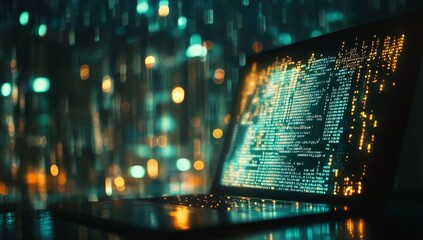 Laptop displaying code at night.