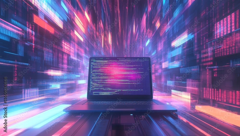 Poster futuristic laptop displaying code in vibrant digital tunnel.