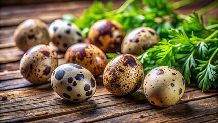 Obraz premium Fresh Quail Eggs Photography: Rule of Thirds Composition, Rustic Still Life