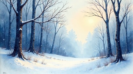 Obraz premium Serene Winter Woodland Path Sunlight Illuminates Snow-Covered Trees and a Tranquil Scene of Peaceful Nature