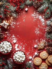 Festive Christmas Scene with Hot Cocoa and Marshmallows Surrounded by Pine, Berries, Cookies, and Seasonal Decorations Perfect for Holiday Celebrations and Greeting Cards