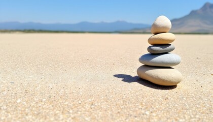 stones, balanced, three, arrangement, simple, sandy, surface, mountain, range, distant, clear, blue, sky, serene, tranquil, harmony, zen, nature, peaceful, minimalist, outdoors, calm, alignment, 