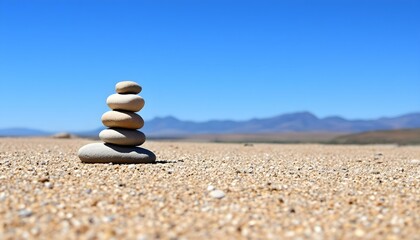 stones, balanced, three, arrangement, simple, sandy, surface, mountain, range, distant, clear, blue, sky, serene, tranquil, harmony, zen, nature, peaceful, minimalist, outdoors, calm, alignment, 