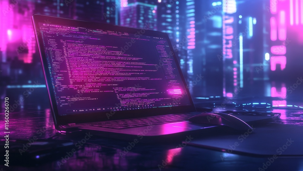 Poster Laptop displaying code in futuristic city setting.