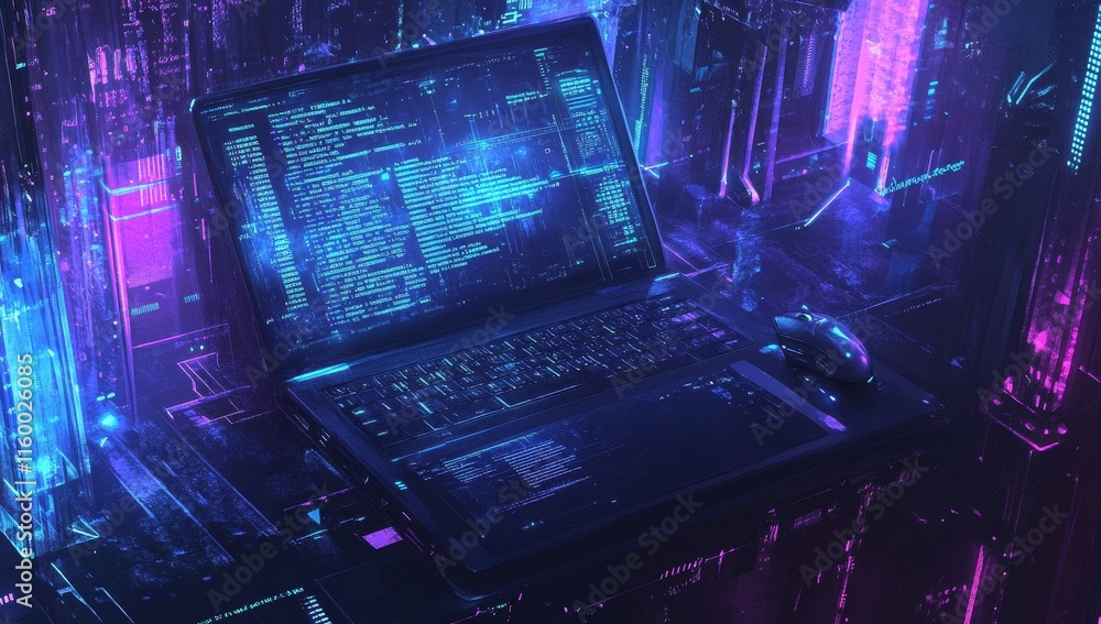 Poster futuristic laptop displaying code within a digital cityscape.
