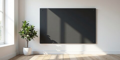 Minimalist Interior Design Mockup A Dark Panel Against a Bright Wall with a Potted Plant