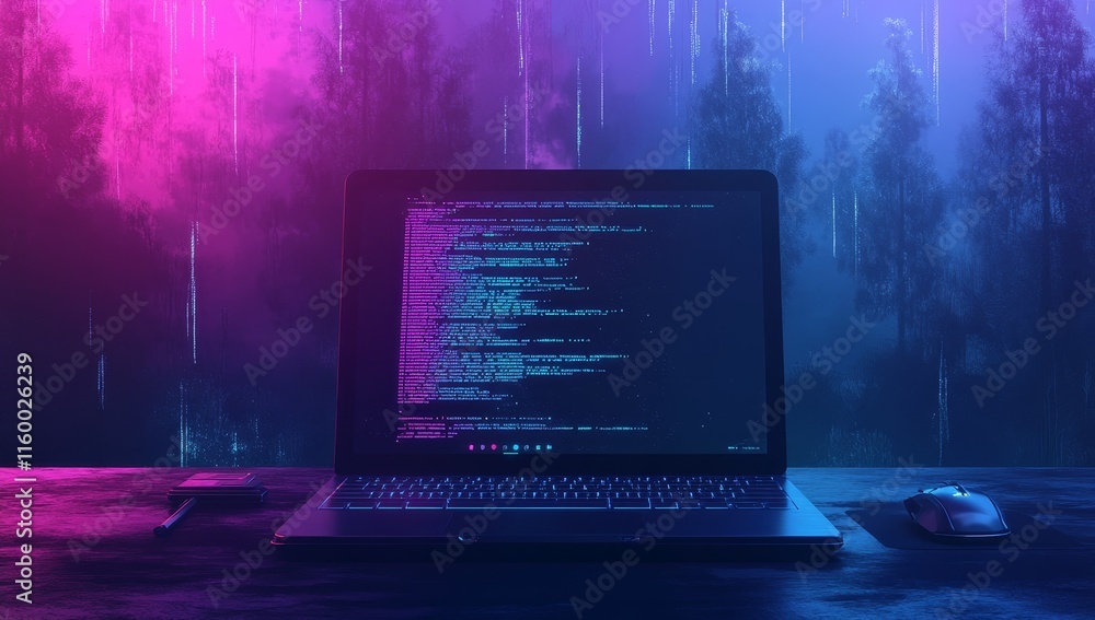 Poster Laptop displaying code in a mystical forest setting.